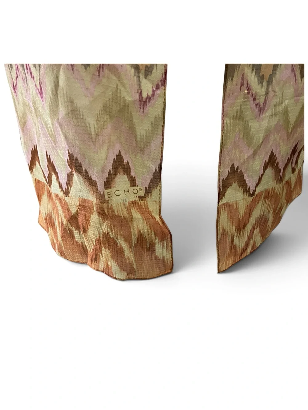 Echo 100% Silk Scarf Chevron Zigzag Print Pink Brown Orange Oblong